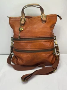 Fossil Explorer Large Orange Leather Fold Over Messenger Tote Crossbody Bag READ - Picture 1 of 16