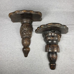 Pair of Ornate Hand-Carved Wood Wall Shelves – Dark Finish Vintage Architectural - Picture 1 of 13