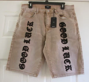 Forever 21 Good Luck Graphic Denim Shorts Size 32 Mid-Rise Narrow Hip Slim Leg - Picture 1 of 2