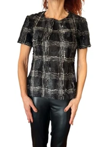 BCBG MAX AZRIA TULUM KURZÄRMELIGES BESCHICHTETES KUNSTFELL T-SHIRT KARIERT OBERTEIL SMALL - Bild 1 von 12