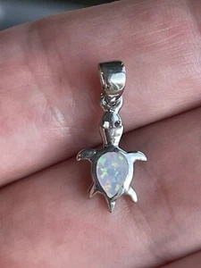 NEW Small 925 Sterling Silver White Fire Opal Sea Turtle Pendant For Necklace - Picture 1 of 11