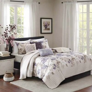 NEW COZY CHIC CALM IVORY WHITE LAVENDER PURPLE LILAC TAUPE LEAF LEAVES QUILT SET - Picture 1 of 4