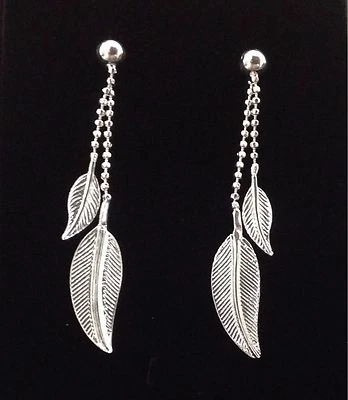 925 Sterling Silver Feather Earrings Dangle Dropper Gift Present   - Image 1 of 4