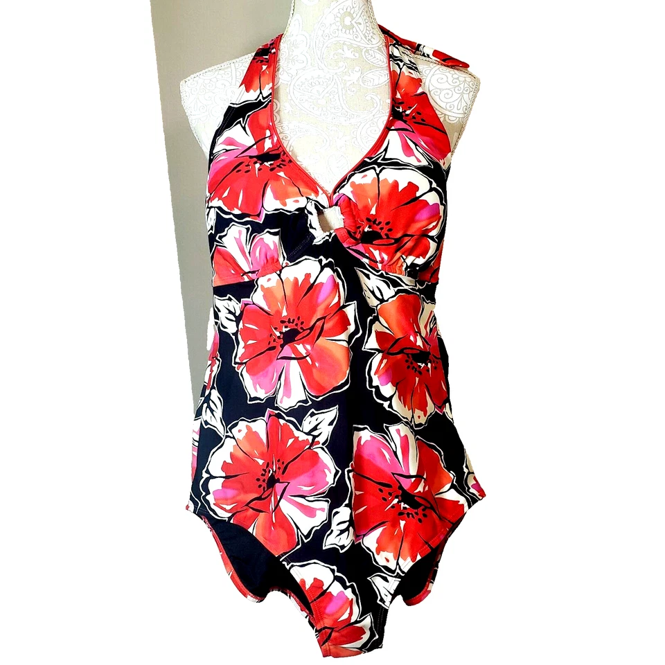 Traje de baño de una pieza talla 14 tropical escape floral tropical traje de baño rojo negro Foto 1 de 4
