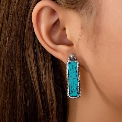 925 Silver Plated Turquoise Flower Earrings Tassel Dangle Drop Vintage Jewelry - Image 1 of 4