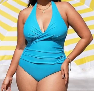 Cupshe Damen Badeanzug Übergröße XL V-Ausschnitt Twist Front Neckholder hohe Taille Neu mit Etikett - Bild 1 von 11
