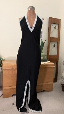 CARABELLA long black evening gown slit front halter sequin trim NWT knit Large L - image 1 of 4