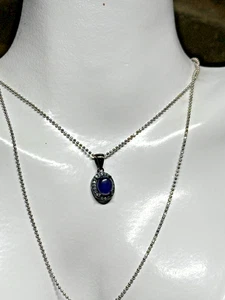 Vintage Sterling Silver Pendant 925 Blue Sapphire Smart Long Chain - Picture 1 of 14