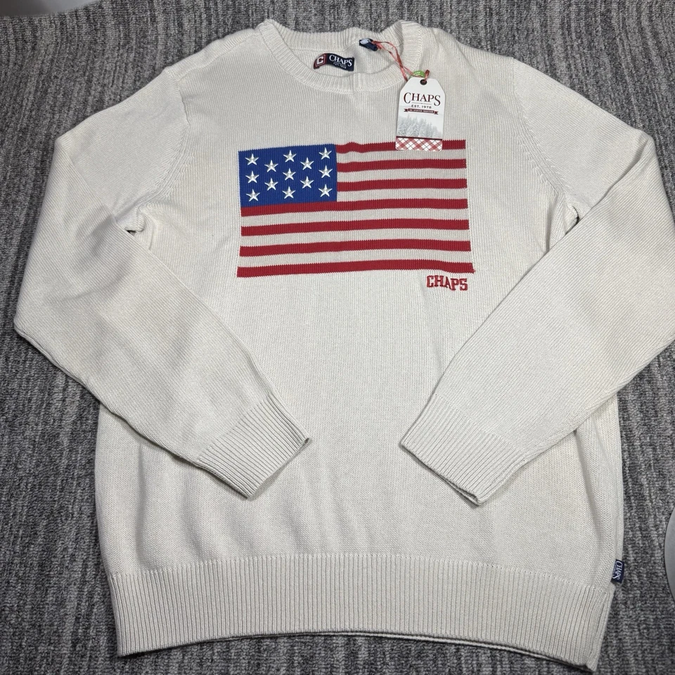 Chaps Sweater Men’s Sz L Patriotic American Flag Knit Oatmeal Cream Pullover