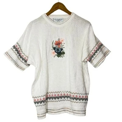 Vintage CHELSEA GARDENS Flower Butterfly Cotton Short Sleeve Sweater L Cottage - Image 1 of 4