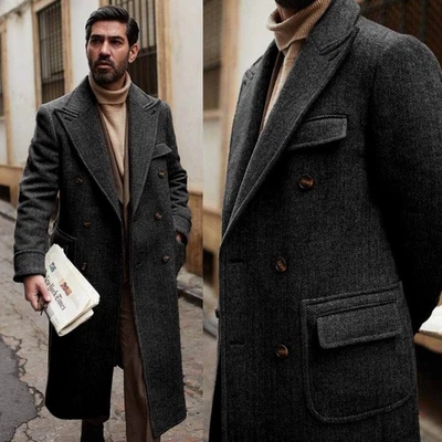 Herringbone Wool Blend Tweed Men Overcoats Long Coats Double Breasted Peak Lapel - Image 1 of 4