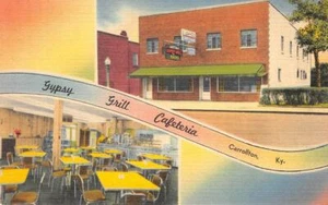 Postal vintage de lino Carrollton, Kentucky GYPSY PARRILLA CAFETERÍA Roadside década de 1940 - Imagen 1 de 2