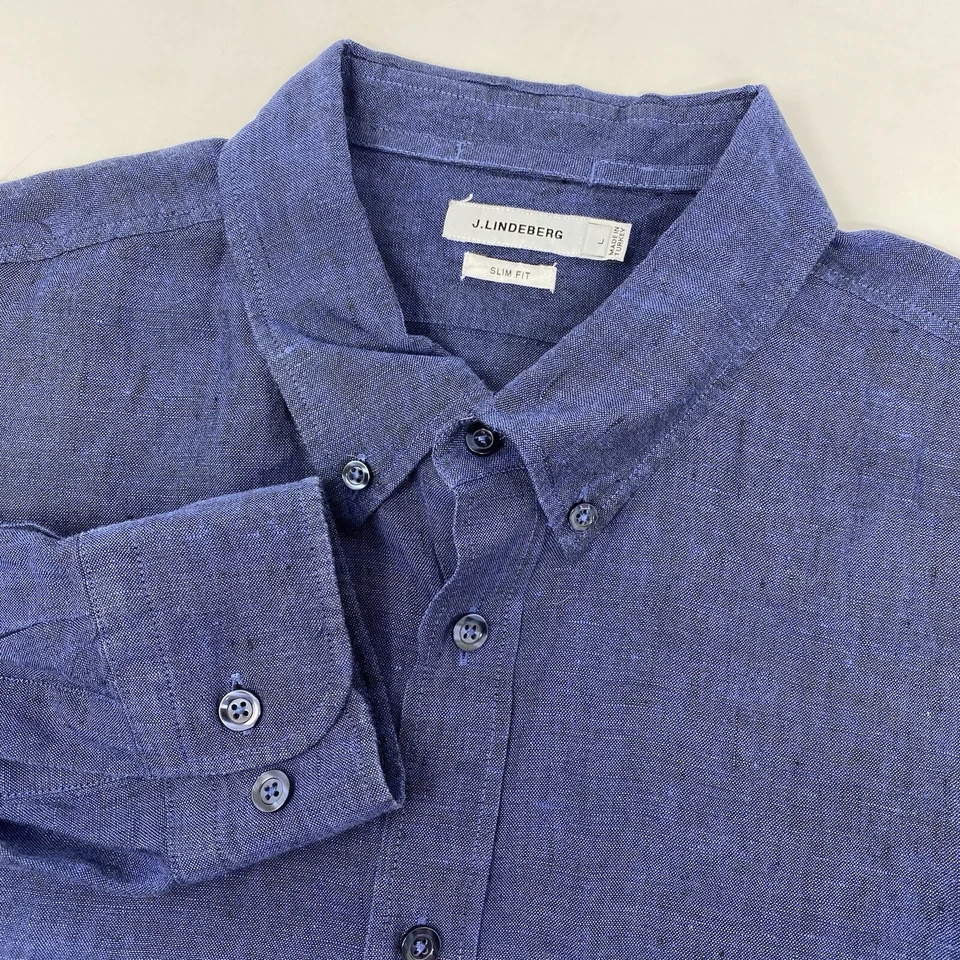J. Lindeberg Men's Large Daniel Linen Melange Blue Slim Fit Long Sleeve Shirt - Image 1 of 4