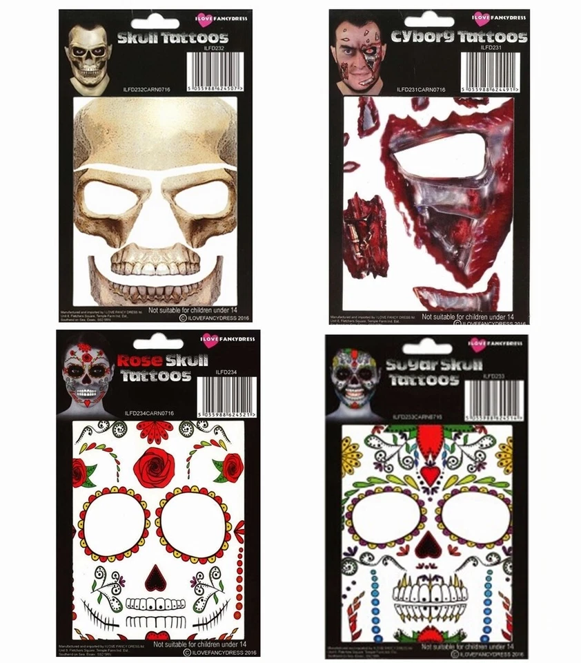 I LOVE FANCY DRESS TEMPORARY FACE TATTOOS ROSE SUGAR SKULL CYBORG HALLOWEEN ACCESSORY