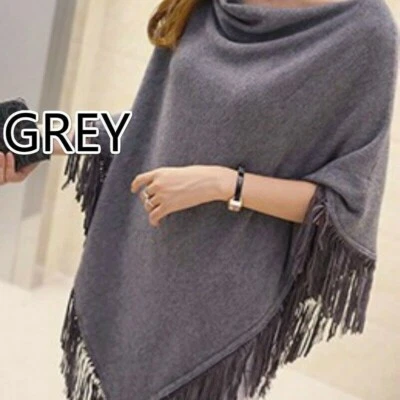 Women Knitted Poncho Wrap Shawl Cape Blouse Batwing Sleeve Tassel Winter SHP - Image 1 of 4