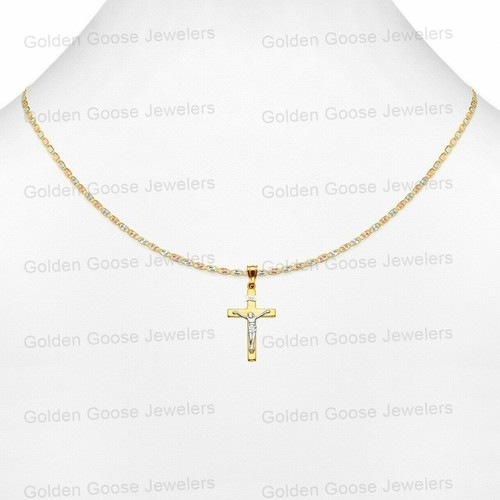 Ciondolo croce crocifisso Inri in vero oro bianco o giallo 14 kt catena Valentino