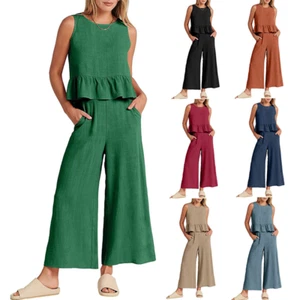 Sommer Damen ärmellos Plissee Weste weites Bein neun Punkte Hose Freizeit Set - Bild 1 von 20