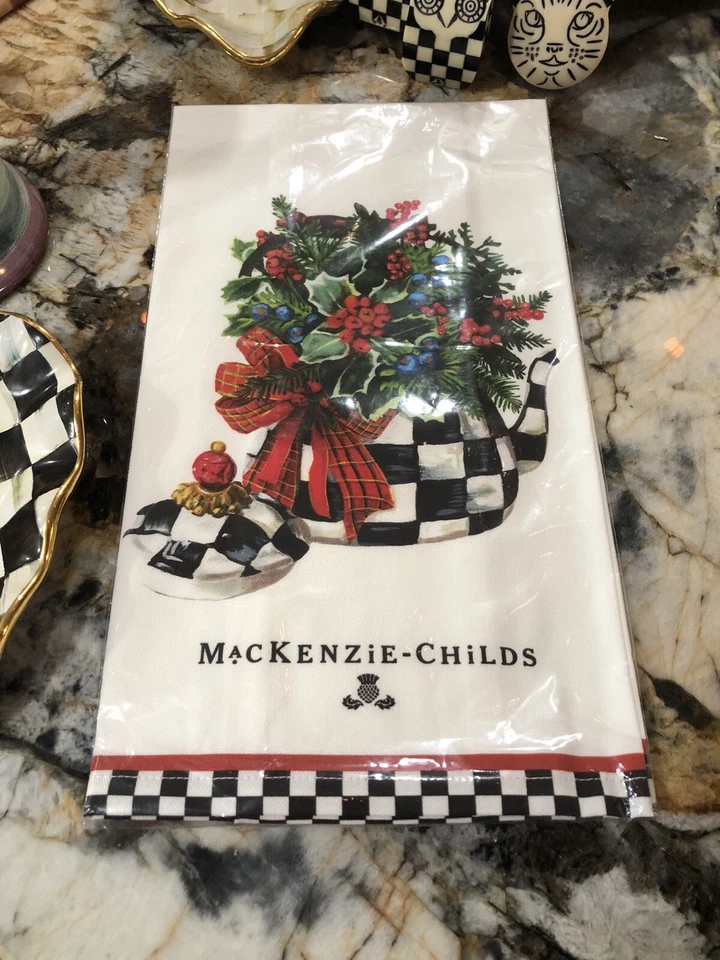 MACKENZIE-CHILDS CHRISTMAS TEA KETTLE COURTLY CHECK Dish Towel