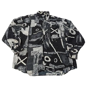 Vintage 90s Men's Silk long Sleeve Shirt Abstract Black Sz M/L Baggy - Picture 1 of 11