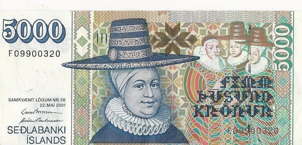 Iceland 5000 Kronur Banknote Ragnheiður Jónsdótti Valid Currency Circulated 2001 - Image 1 of 2