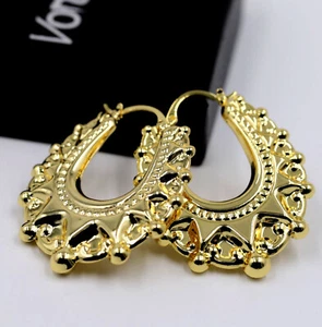 9ct Gold on Silver Large Victorian Gypsy Spiked Oval Creole Hoop Earrings Women - Picture 1 of 10