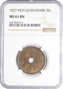 1927 HCN Denmark 5 Ore MS61 BN NGC KM# 828 UNC - Picture 1 of 2