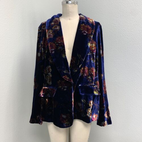 Sundance Blue Floral Velvet Lined Blazer Jacket Women's 16 Shawl Collar EUC