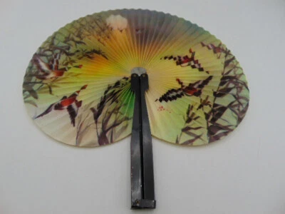 飞行野鸡带竹折叠金属和纸手扇复古 1950 年代 — 第 1/4 张图片