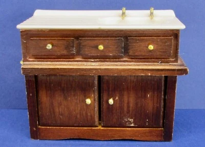 Vintage dollhouse miniature white ceramic sink wood cabinet towel bar kitchen - Image 1 of 4