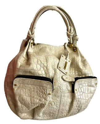 SPAIN “CATS” SHOULDER SHOPPER HOBO TOTE HANDBAG IVORY 2FRONT ZIPPED POCKETS - Image 1 of 4