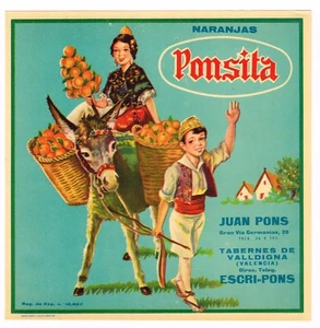 ORANGE CRATE LABEL SPANISH SPAIN VINTAGE CHILDREN DONKEY VALENCIA PONSITA 8X8 B3 - Picture 1 of 1
