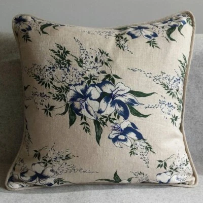 Lily Print Linen cushion cover - vintage looks, blue & green + beaded detailing - Image 1 of 2