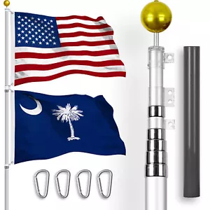 20 Ft Telescoping Flagpole Silver & American and South Carolina Flags Spun 3x5Ft - Picture 1 of 9