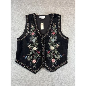 VINTAGE Chrysantheme Velvet Vest Womens Large Floral Embroidered Cottagecore NWT - Picture 1 of 6