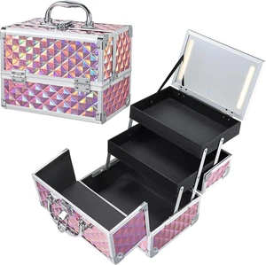 Schminkkoffer mit beleuchtetem Spiegel Reise Make-up Organizer Box 2 Fächer abschließbar Cos - Bild 1 von 7