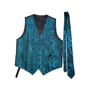 Mens Vest and Tie Set Medium Blue Floral Paisley Party Wedding Prom Formal - Picture 1 of 8