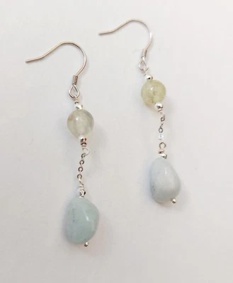 Orecchini pendenti in argento 925 rodiato con prehnite, acquamarina ed ematite  - Immagine 1 di 4