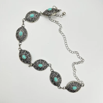 Cinturón Western Concho Cadena Tono Plata Turquesa Medallón Vaquera Foto 1 de 4