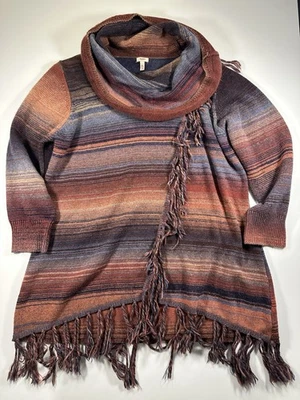 Suéter Reba XL Boho Tejido Multicolor Capucha Cuello Flecos Dobladillo Manga Larga Para Mujer’s Foto 1 de 4