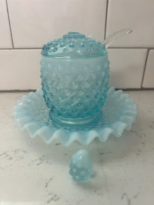 Vintage Fenton Hobnail Blue Opalescent Jam/Jelly Jar with Lid Spoon & Underplate - Image 1 of 4