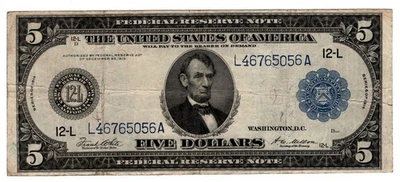 $5 Federal Reserve Note 1914 Fr-891 Lincoln White-Mellon Fine+ * AvenueCoin - Image 1 of 2