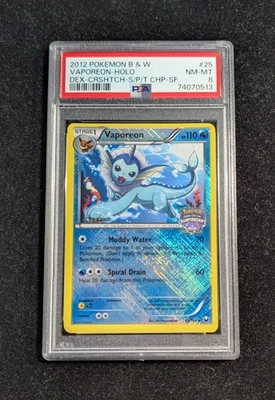 2012 Pokemon Vaporeon STAFF State/Province/Territory Crosshatch Rev Holo PSA 8 - Image 1 of 2