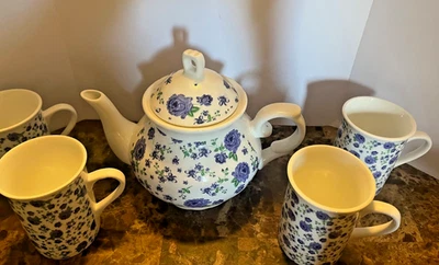English Country Lavender Field Chintz Floral Pattern Ceramic Teapot & Mugs 32oz - Image 1 of 4