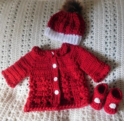 Handmade Baby Crochet Sweater Set Hat And Booties Girls 0-3 months-Harvest Red - Image 1 of 4