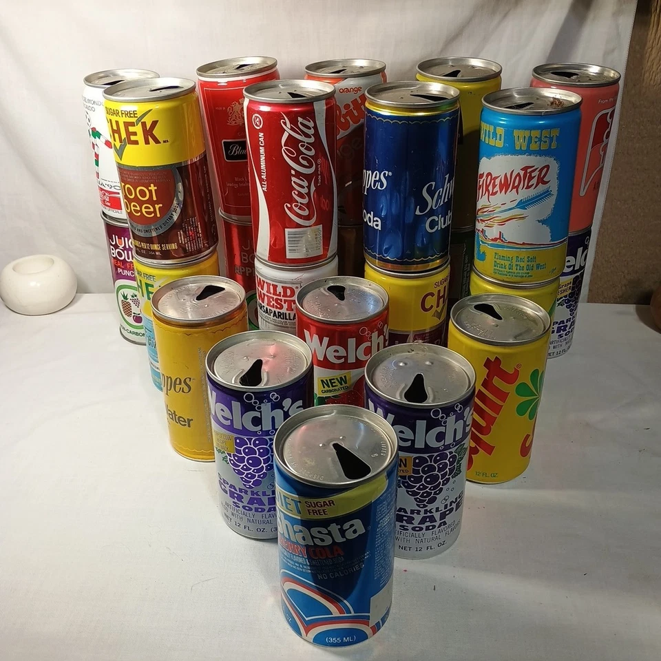 lot of 24 Vintage Soda Pop and Juice cans 21 Aluminum and 3 Cardboard and Alumin - Image 1 of 4