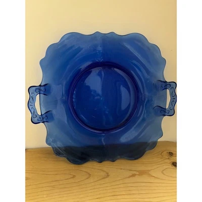 Smith Glass Vintage Mt Pleasant Cobalt Blue  Plate with Handles Scalloped Edge - Image 1 of 4