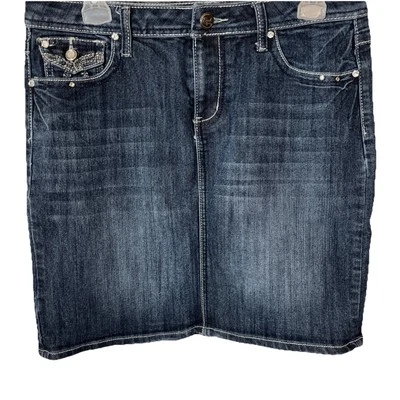 Earl Jean Skirt Blue Denim Mini Rhinestone Embellished pockets Women’s Size 10 - Image 1 of 4