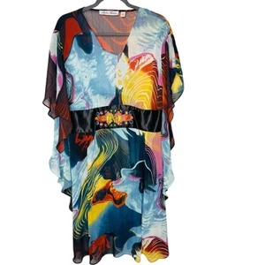 Meghan Fabulous Chiffon Sheer Dress Coverup Artsy Sunset Gathered Waist Beaded - Picture 1 of 12