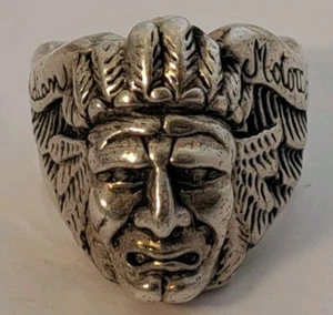 INDIAN MOTORCYCLE Figural Chief BIKER Sterling Silver MEN'S Ring size 10 Vintage - Picture 1 of 10