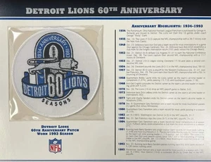 1993 Detroit Lions 60th Anniversary Willabee & Ward Patch With Stat Card - Picture 1 of 2